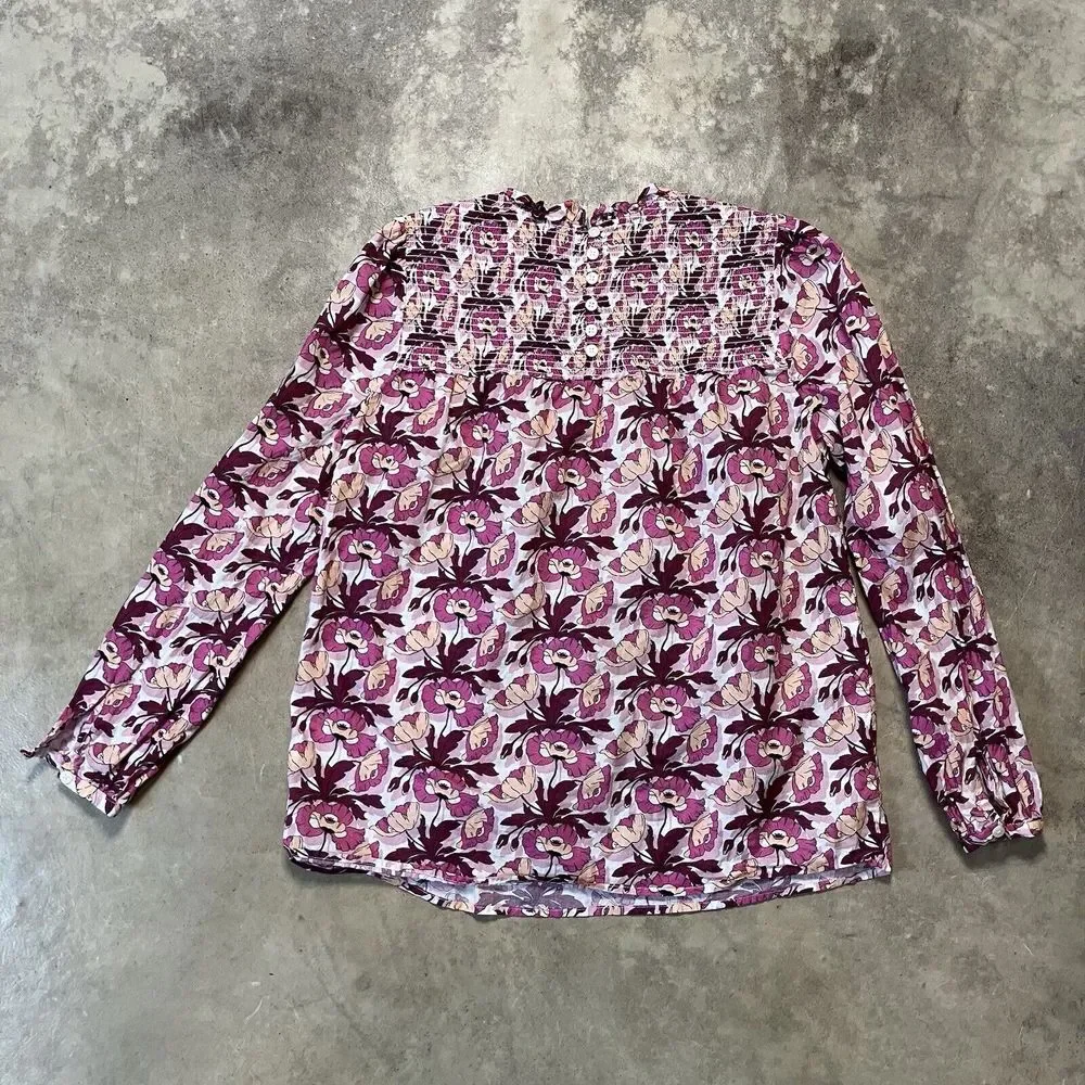 J.Crew Liberty Blouse Womens XS Smocked Button Back Top Bufferfield Poppy Preppy